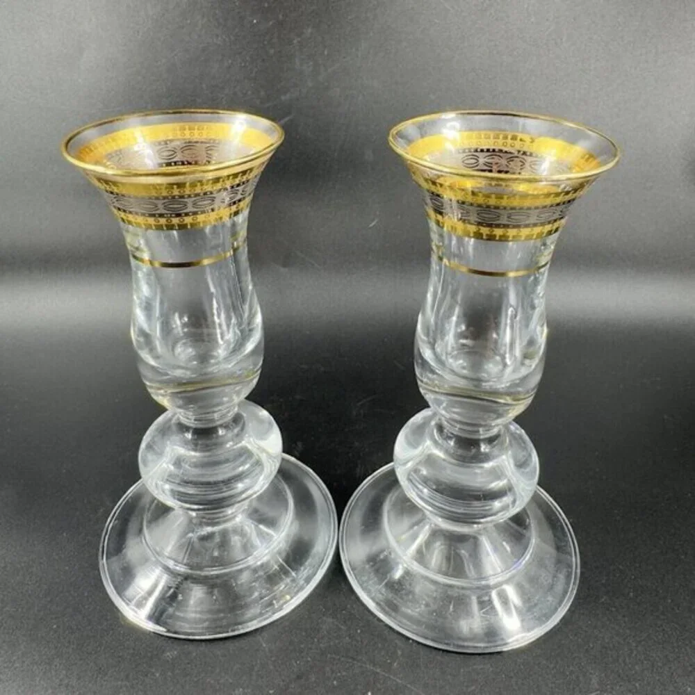 Vintage Glass Candlestick Holder Set 2 Clear Crystal With Gold Painted Decor Top